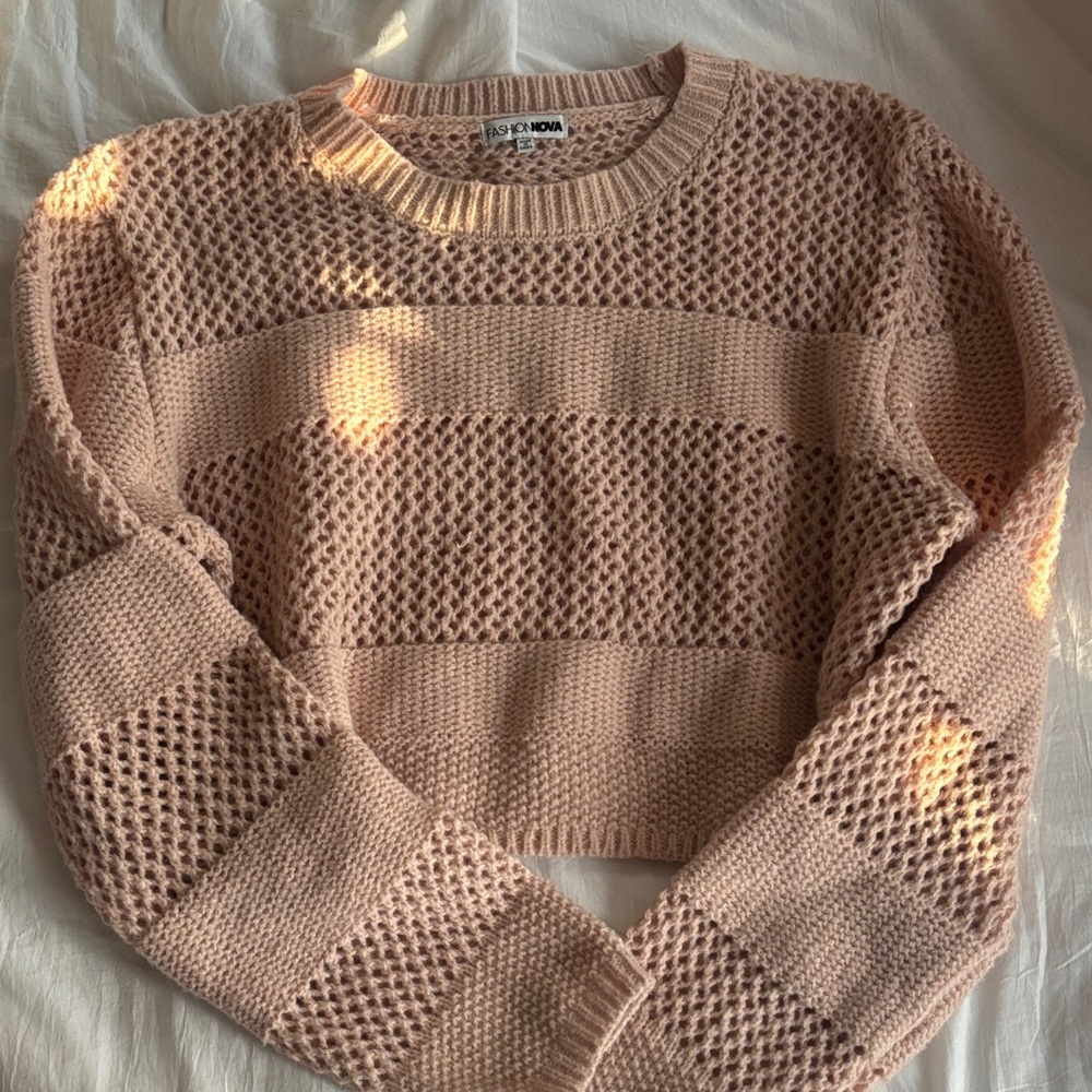 Fashion Nova Blush Pink Open-Knit Stripe Crewneck Sweater